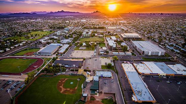 campus aerial at sunset